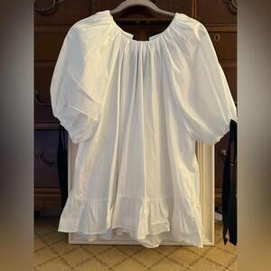 Zara white peasant style round neck, puffed sleeves w ribbon ties NWOT S